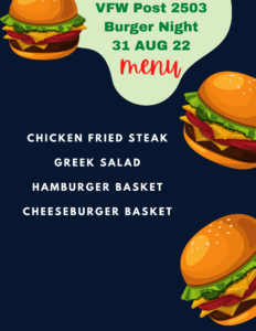 Hamburger Night 31 AUG 2022 @ VFW Post 2503